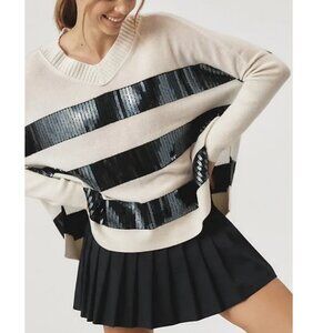 Anthropologie Maeve Cashmere Sequin Sweater XS/S/L Ivory Black Stripe Causal